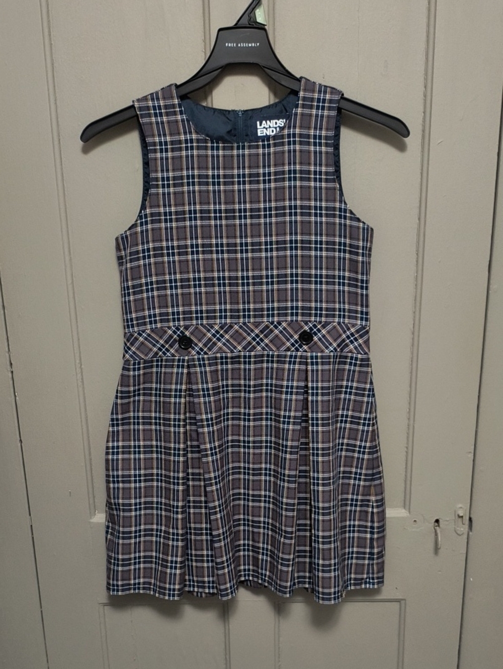 Lands' End Navy and Brown Plaid Girls' Pleated School Dress
